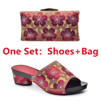 Pair of red floral shoes and matching bag on a white background with text 'One Set: Shoes + Bag'.
