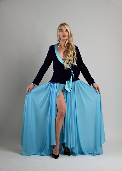 Turquoise Chiffon Maxi Skirt with Overlap Slit - - Skirt - DrevelmaN