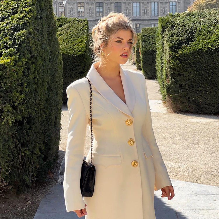 Vintage Solid-Color Coat w/ Metal Buttons - Classic Style - White - Women - Apparel - Outerwear - Jackets - Milvertons