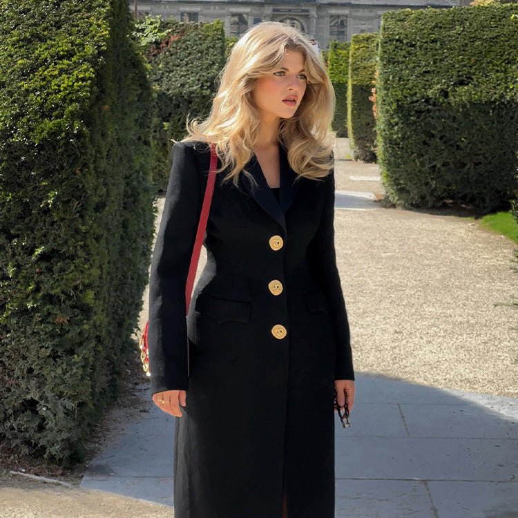 Vintage Solid-Color Coat w/ Metal Buttons - Classic Style - Black - Women - Apparel - Outerwear - Jackets - Milvertons