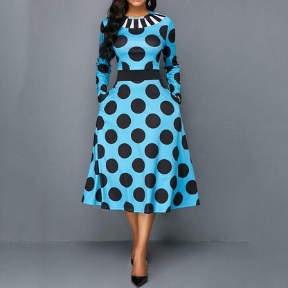 Vintage Women Dresses Big Swing Pocket Print Polka Dots Retro Female Midi Dress Summer Sweet Plus Size Elegant Party Office Lady - blue S - Women - Apparel - Dresses - Day to Night - Milvertons