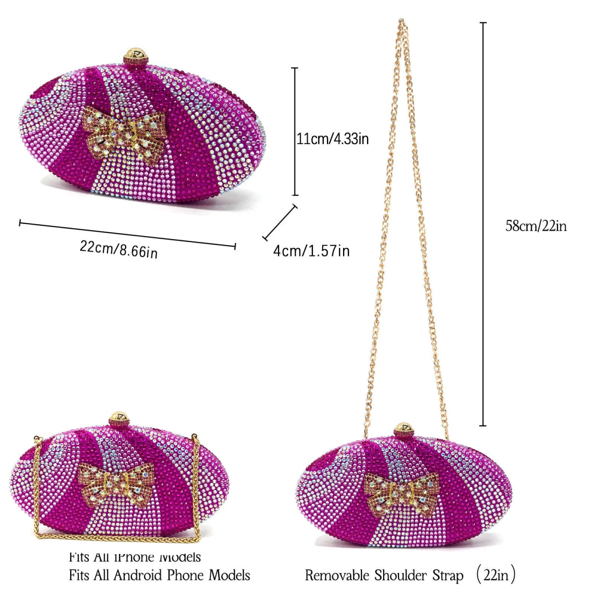 Fuchsia clutch bag with butterfly design and measurements on a white background