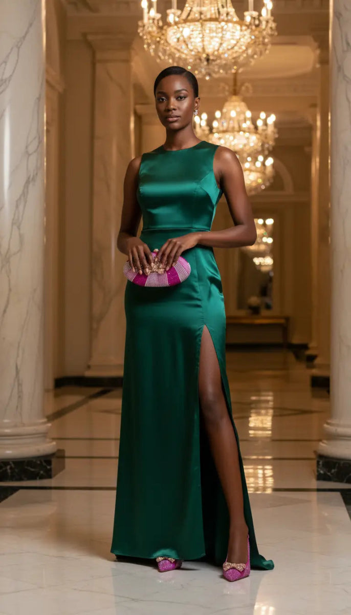 Woman in a green evening gown, wearing a pair of fuchsia wedding party shoes and holding a matching clutch in an elegant interior setting.