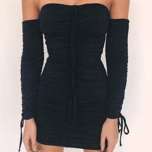 Black Bandage Off-Shoulder Bodycon Dress on a plain background