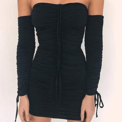 Black Bandage Off-Shoulder Bodycon Dress on a plain background