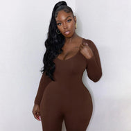 Women’s Long Sleeve Bodycon Jumpsuit – Skinny Streetwear - Coffee - Apparel & Accessories - Clothing - One-Pieces - Jumpsuits & Rompers - Milvertons