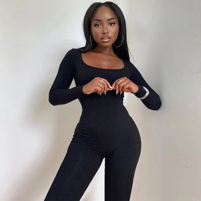 Women’s Long Sleeve Bodycon Jumpsuit – Skinny Streetwear - Black - Apparel & Accessories - Clothing - One-Pieces - Jumpsuits & Rompers - Milvertons