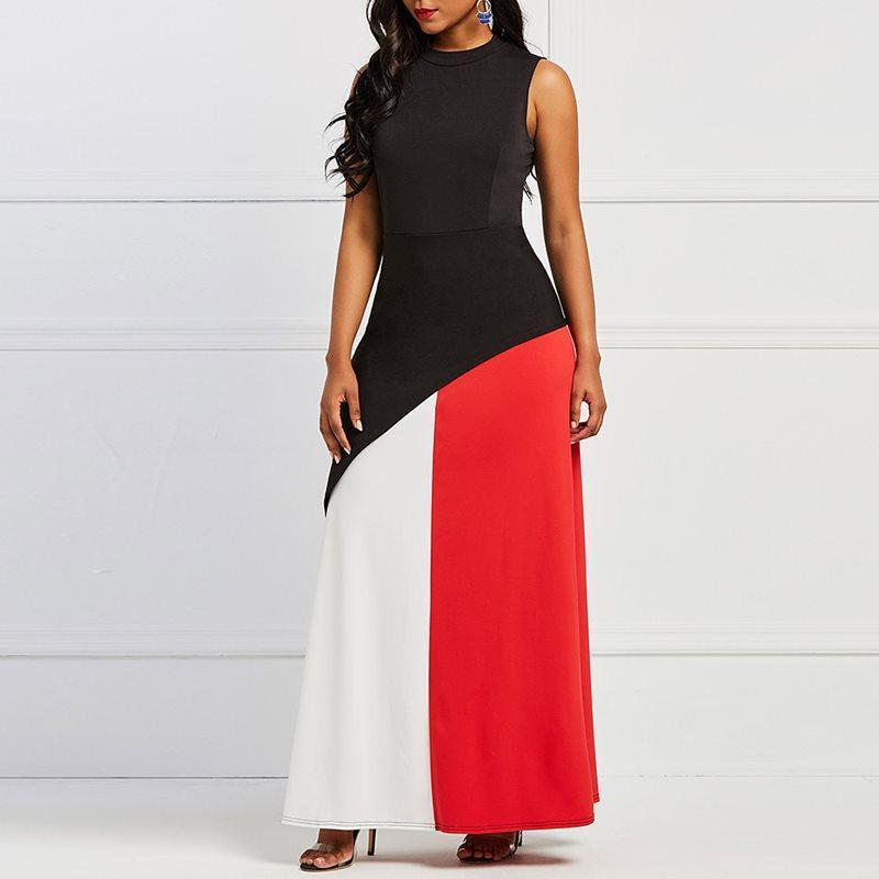 Women's Summer Maxi Dress Color Block Fashion Patchwork Ruffle Elegant Evening Sleeveless Sexy Robe Party Big Swing Long Dress - - Women - Apparel - Dresses - Day to Night - Milvertons