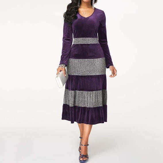 Women's Velvet Dress Falbala Sequins Patchwork Elegant Office Lady Dress Ruffles Blue Long Sleeve Party Dinner Dress Autumn - - Women - Apparel - Dresses - Day to Night - Milvertons