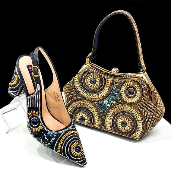 Women's Wedge Heels & Moon Bag Set - European Fashion Style - Black and Gold - Women - Shoes - Milvertons