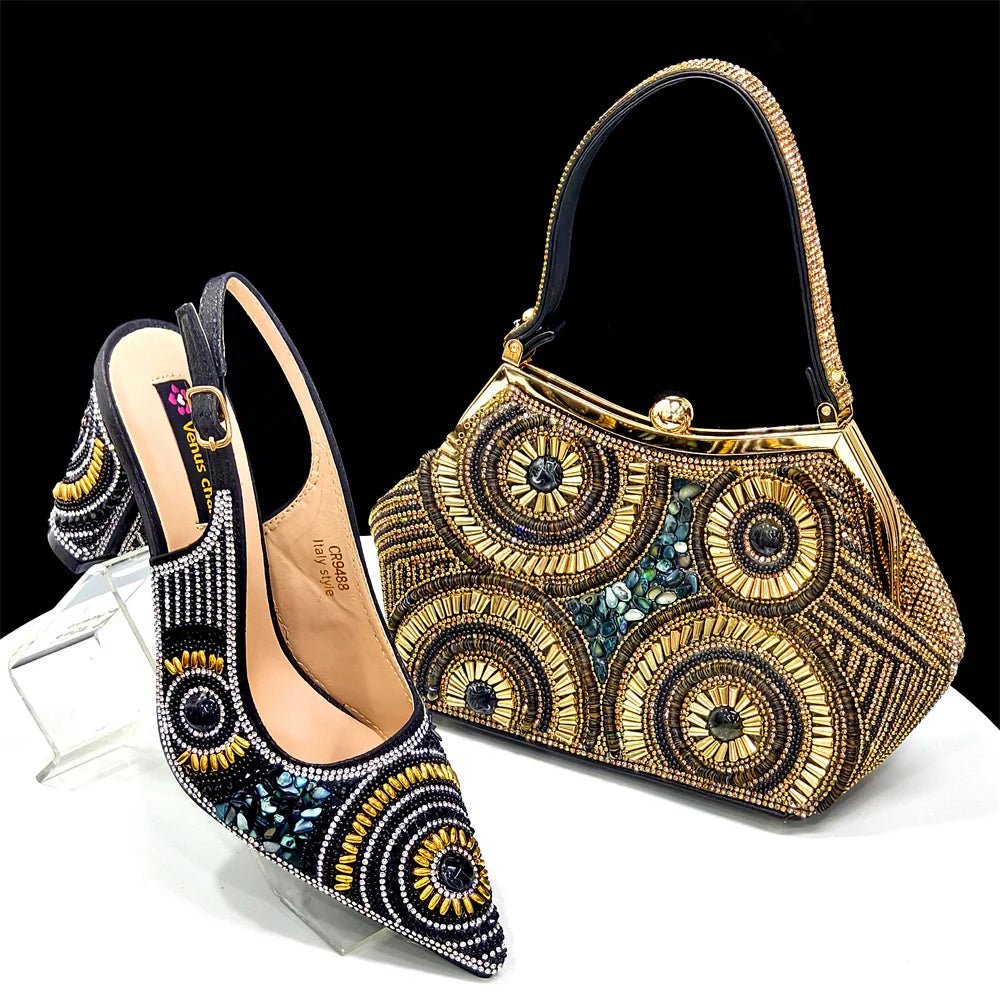 Women's Wedge Heels & Moon Bag Set - European Fashion Style - Black and Gold - Women - Shoes - Milvertons
