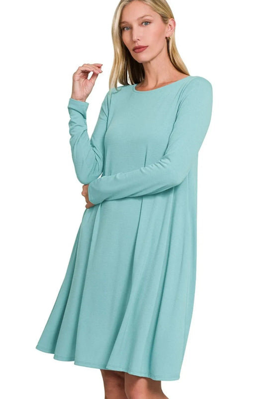 Zenana Long Sleeve Flare Dress With Pockets - Milvertons